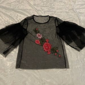 womens see through black top with flower design